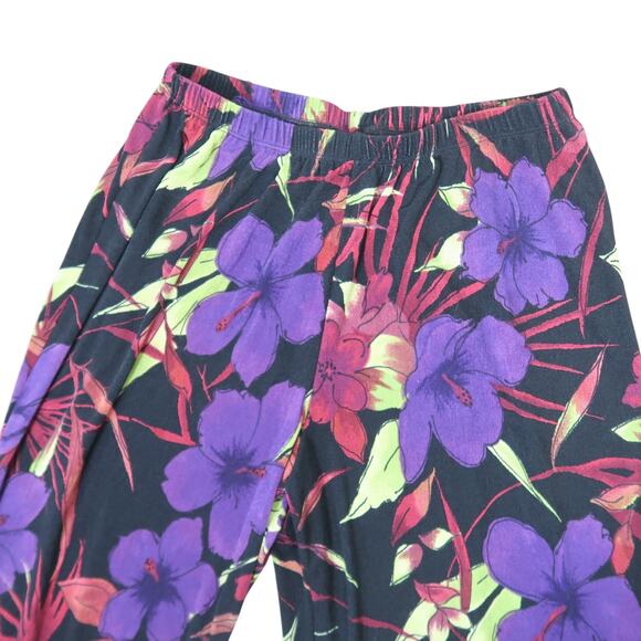 Vintage 90s TravelSmith Black and Purple Hibiscus Floral Slinky Wide Leg Pants M - Picture 2 of 5